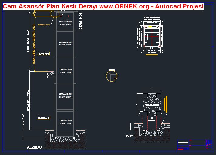 Cam Asansör Plan Kesit Detayı dwg projesi Autocad Projeler