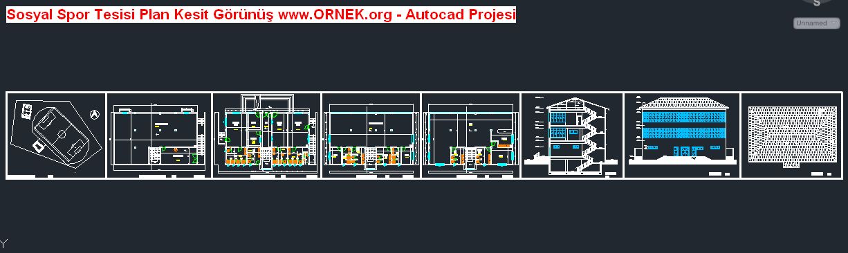 Sosyal Spor Tesisi Plan Kesit Görünüş dwg projesi Autocad Projeler