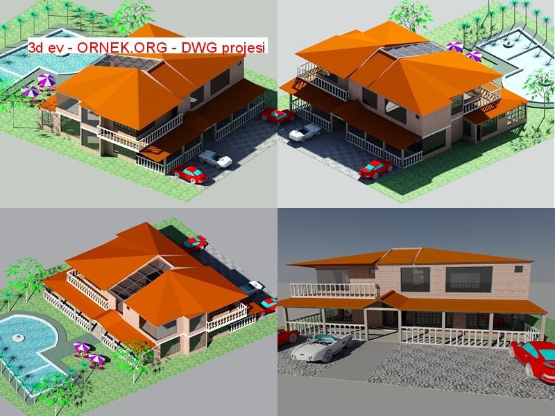country home with pool 3d