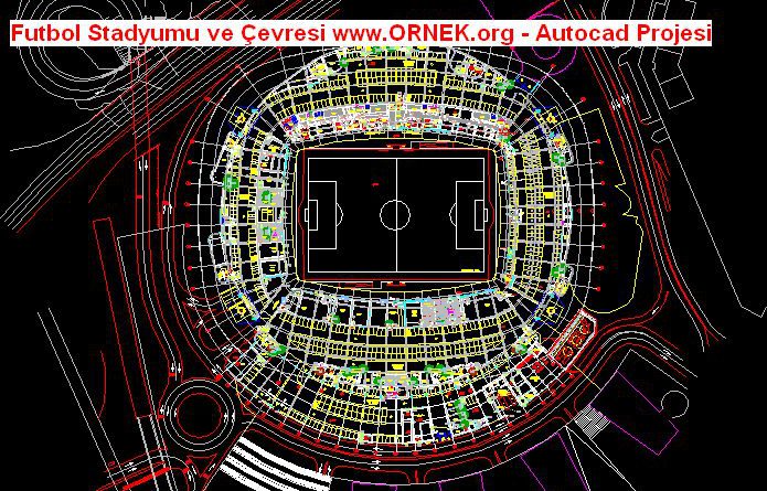 futbol sahası stat stadı planı ve park alanları ile detaylı çizimleri Futbol Stadyumu ve Çevresi