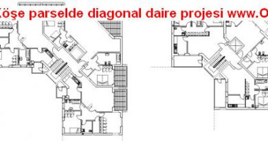 3 daireli kat projesi örneği Köşe parselde diagonal daire projesi