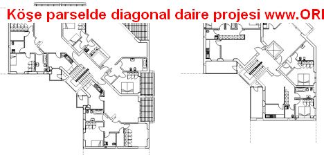 3 daireli kat projesi örneği Köşe parselde diagonal daire projesi
