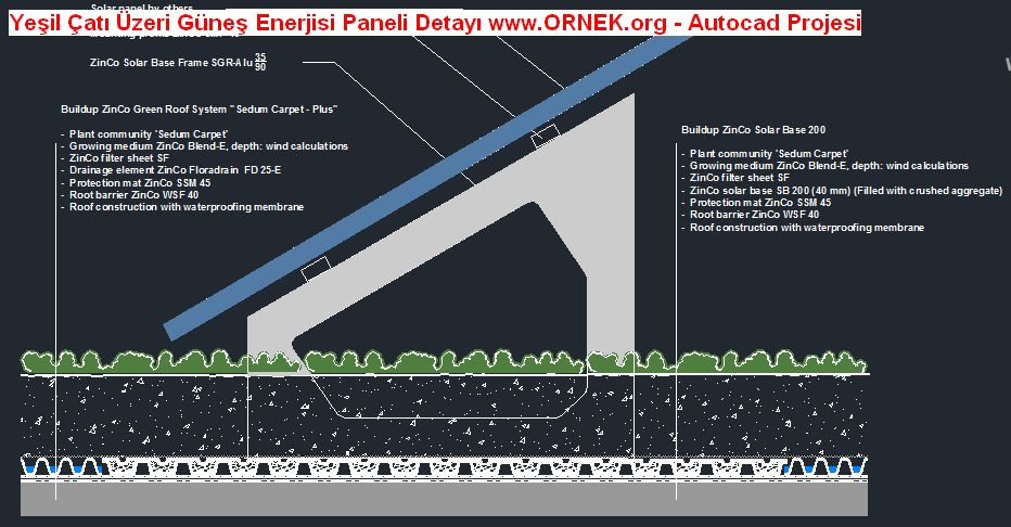 Yeşil Çatı Üzeri Güneş Enerjisi Paneli Detayı dwg projesi - Autocad