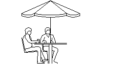 Şemsiye 1 ile açık bir masada oturan 2 erkek masa ve şemsiye 1