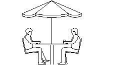 Şemsiye 2 ile açık bir masada oturan 2 erkek şemsiye 2 tabelası